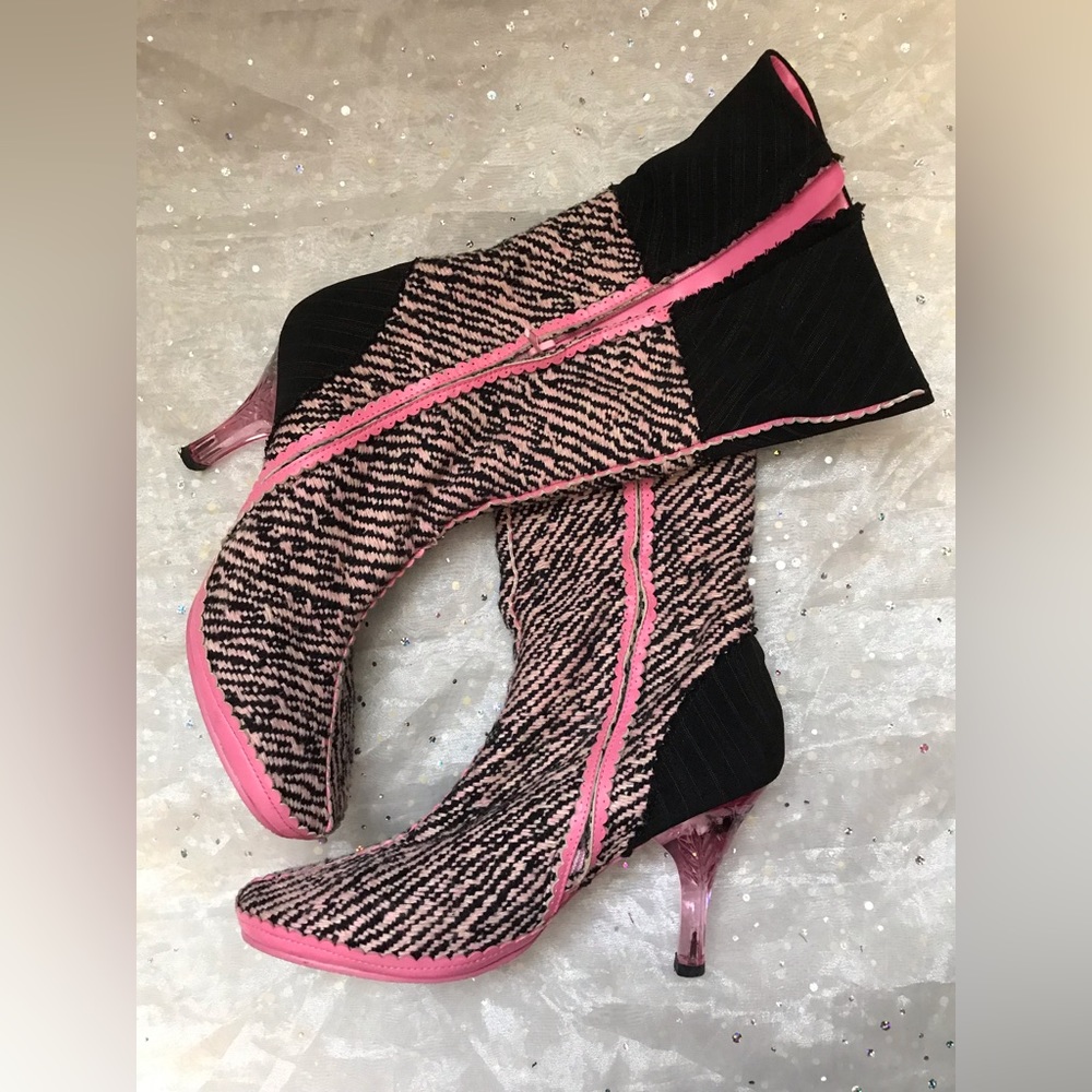 Irregular Choice pink lucite heel  vintage sock monkey boots